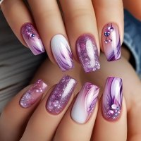 NA099 - Purple Glitter Diamond Nails